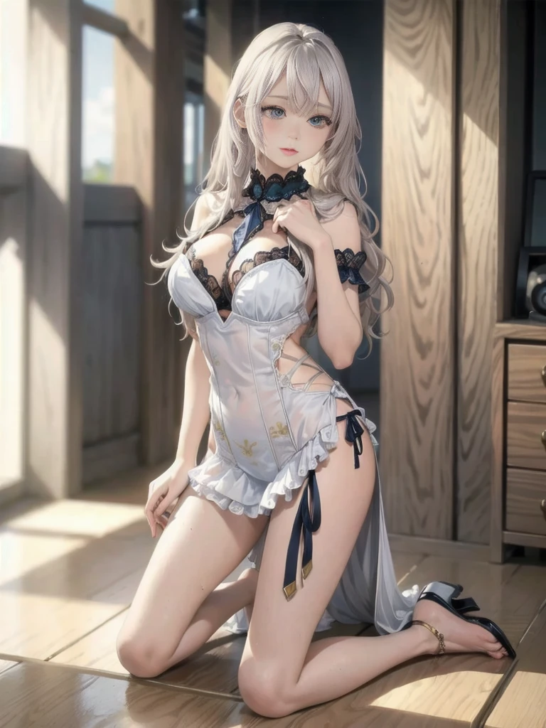 ((masterpiece,best quality)),a seductive woman, pastel blonde hair, transparent blue nightgown, very skinny, cleavage, long big messy hair with bangs, sexy pose, white stockings 