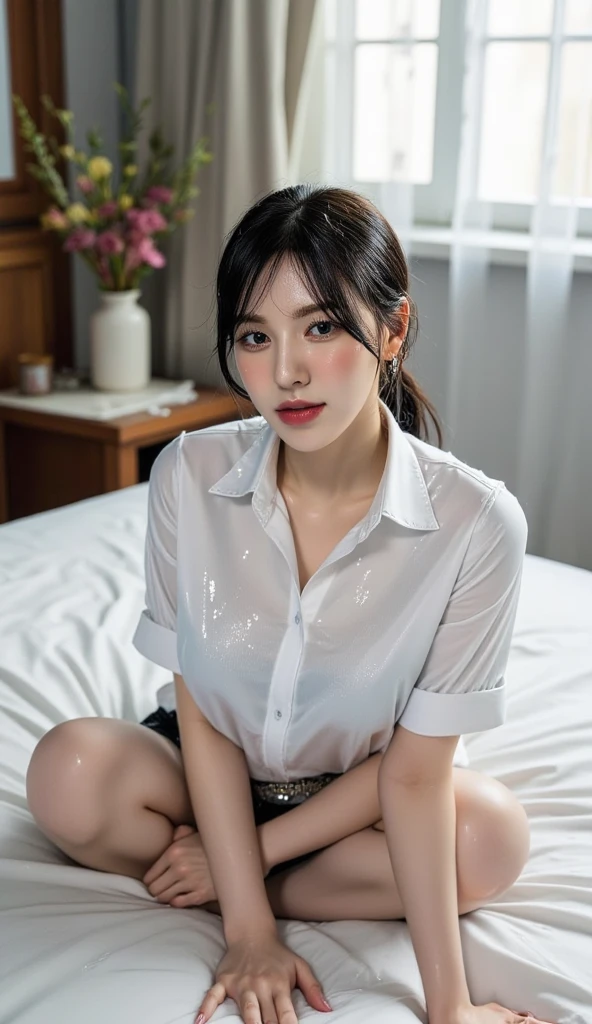 (on the bed):1.3, ultra realism, (During sex, During sex, During sex):1.3, Tanned and shiny skin, glossy, wet, (1girl), Beautiful teen woman, medium breasts:1.3, Meticulously painted clothing(front open white collared shirt), (No Underwear:1.5), sexy, erotic, glossy, public hair, black eye, cute eye, (winked at the camera:1.5), break, (detailed tongue):1.8, (open detailed mouth):1.3, look up, (dark brown hair, hime cut), full of sweat, (woman’s masturbation:1.3), (Having sex with A dildo-vibrator:1.3), (A dildo-vibrator is in a woman's genitals:1.3), (Straddling a dildo-vibrator-machine), pubic hair:1.5, Cowgirl, makeup, blush, lipgloss, a necklace, piercings, bracelet, ring, (top-quality, ultra real-photo, masterpiece, RAW Photography, cinematic light, very detailed illustration, portrait), (thick white liquid dripping from the cunt:1.2)