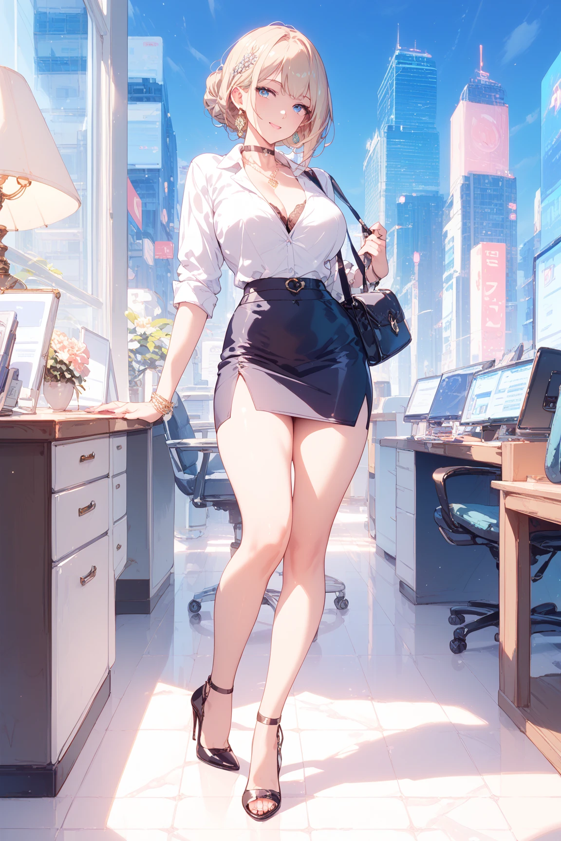 ((masterpiece)), ((highest quality)), High resolution, 1 girl, alone, Green suit and tie, pencil skirt, mini skirt, barefoot, matching shoes, looking at the viewer, urban background, perfect hands, perfect eyes, The perfect leotard, perfect legs, perfect arms, perfect fingers, medium breasts, Are standing, purple hair, short hair, bob hair, blue eyes, Are standing, (whole body),