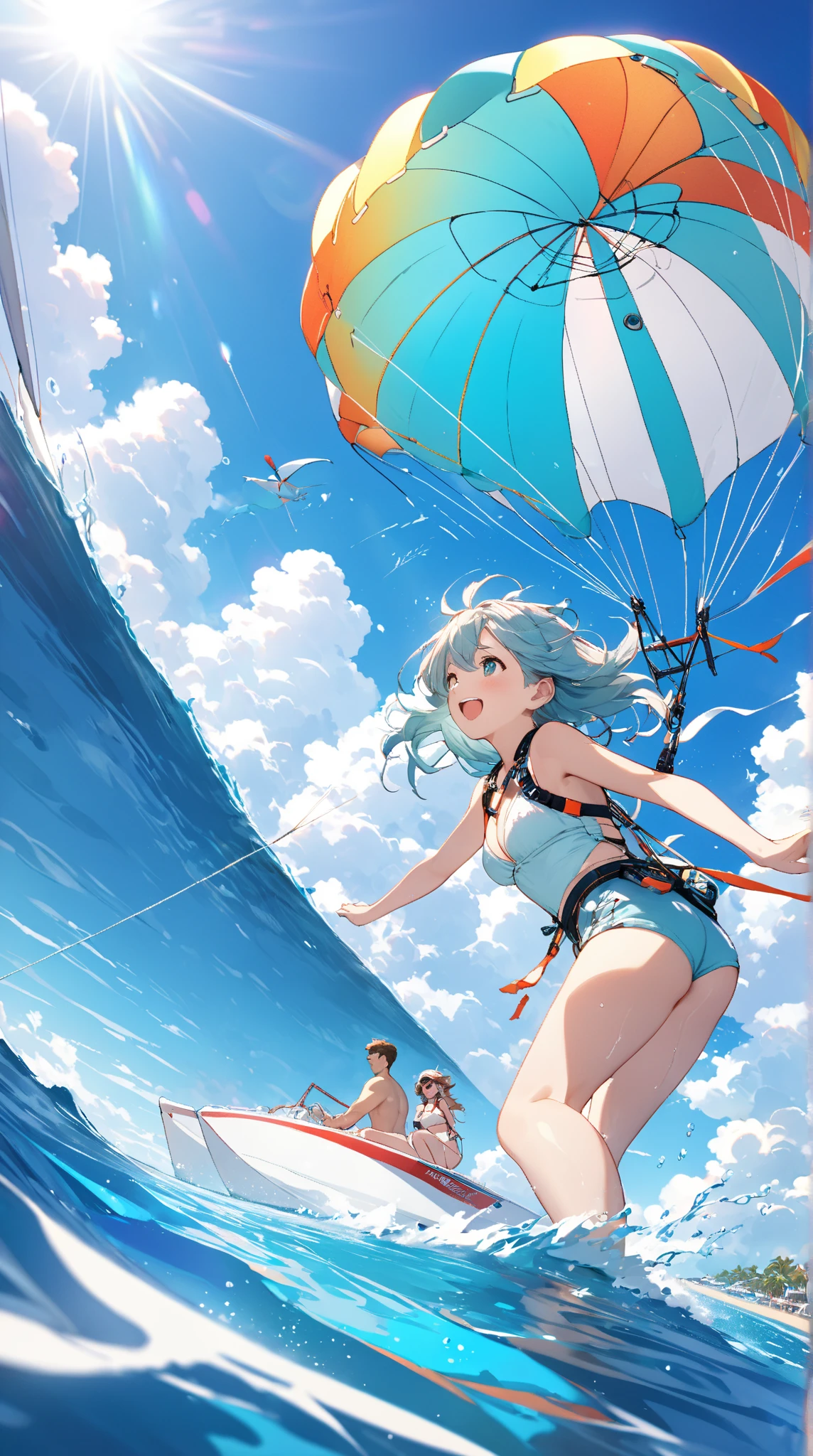 (masterpiece, best quality:1.1), (ultra highres, ultra-detailed:1.2),beautiful art,(girl is enjoying flyboarding),life vest,flyboard,Clear and beautiful sea and blue sky,(16yo,detailed face, BREAK (darkblue hair, wavy-short hair),middle thick eyebrows,,middle small breasts,fullbody),