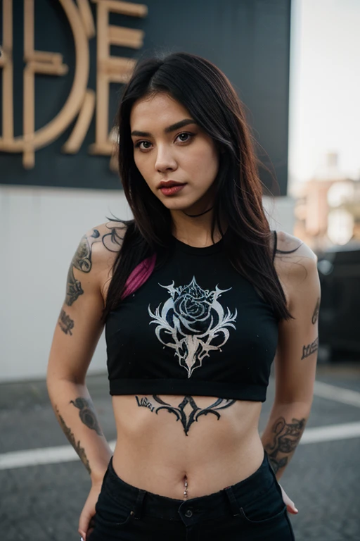 Realistic image of non-binary person, with various tattoos of occult symbols all over the body, cabelo preto, friendly expression, black combat pants, camiseta de banda, sobretudo preto com ombro aberto