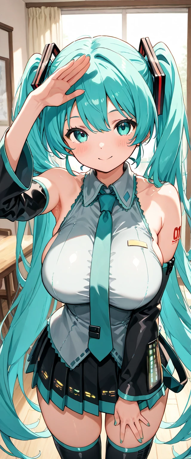 Erotic Anime Illustration、highest quality、smile、A voluptuous married woman showing off her sexual appeal、A sense of guilt、Adultery、Turtleneck sweater、Long skirt、Hatsune Miku、Perfect proportions、Very large breasts、Exposing、Clear eyes、Blushing、Sweaty、Cowboy Shot