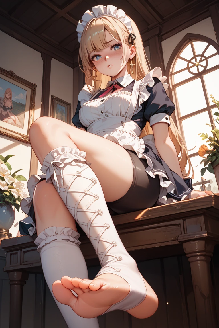 White knee-length stockings，Lace suspenders，Bunny girl，Big Breasts，squat，