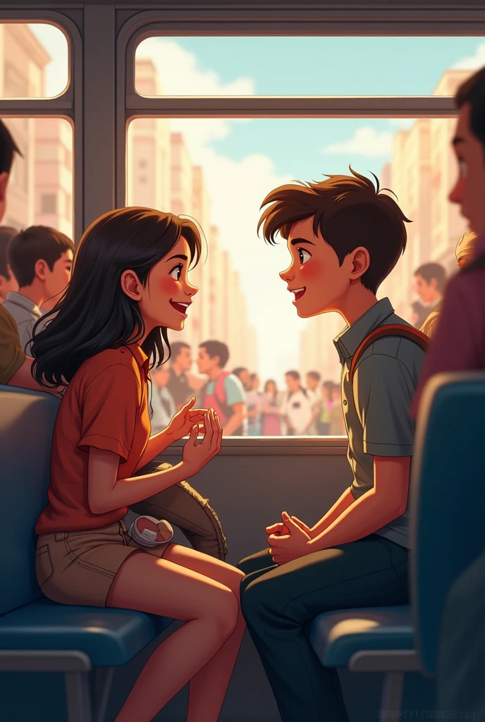 Cute teenage Girl and boy sitting together and talking with people around them in Indian Mumbai train local with their bags there are trees outside the window