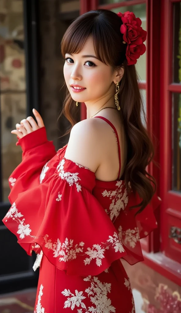 8k, highest quality, masterpiece, Realistic, Super detailed, photograph, High resolution, 横並びのphotograph, High resolution, Confused, Cinematic Light, Official Art, High resolution, Depth of written border,close, Beautiful legs, thin, cute顔, smile, Beautiful details in the eyes, 19 years old Japanese, cute, Disheveled copper-colored hair,Crimson Dress, Beach, (Wind:1.8), Floral,