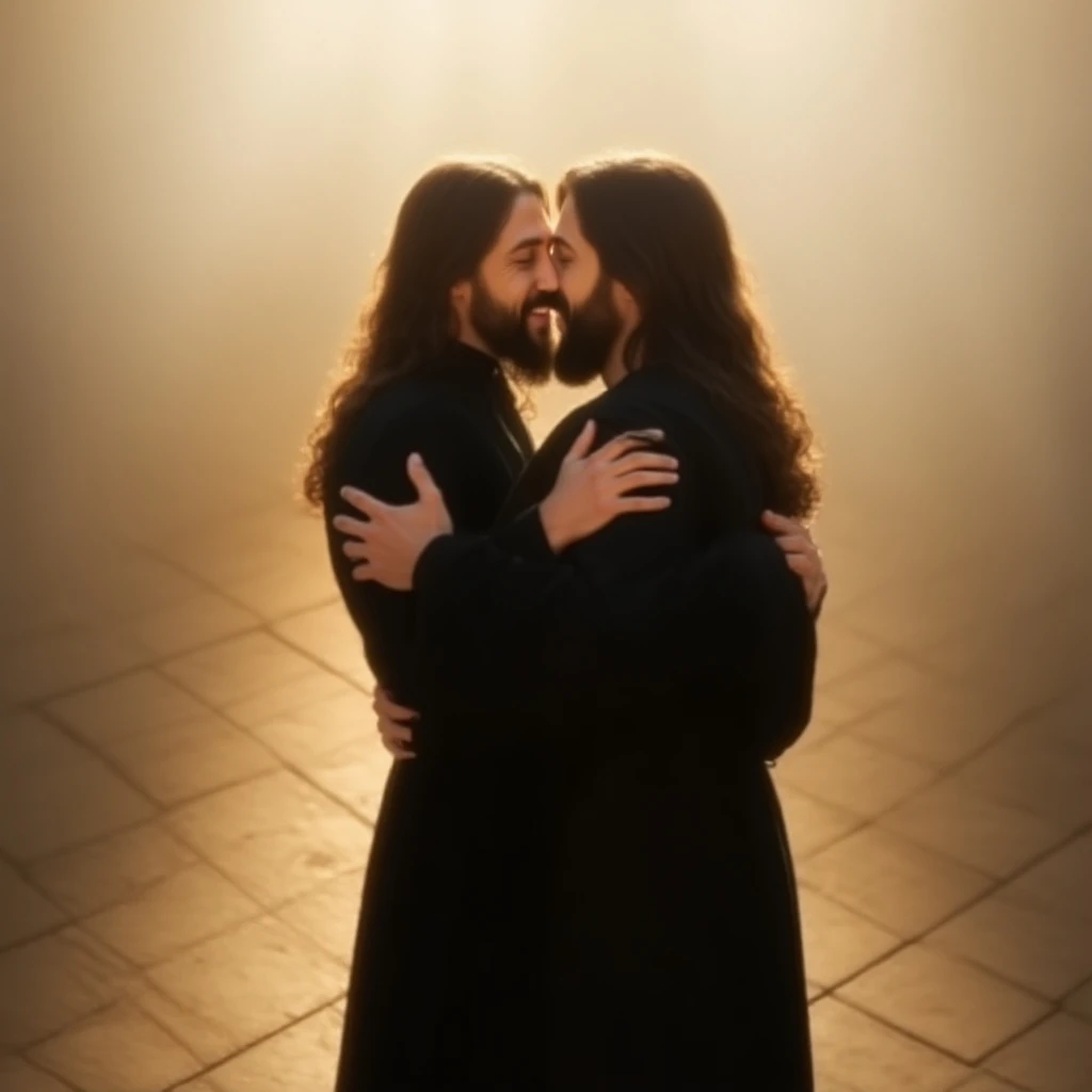 Create an image of Jesus hugging a sad man