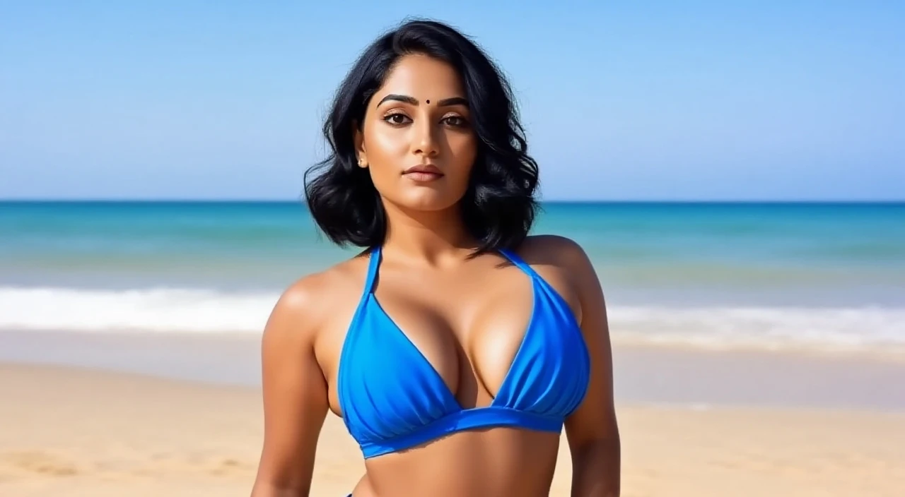 close-up portrait, (beach photoshoot), ((best quality)), masterpiece, 8k wallpaper, nikon, cinematic lighting, medium hair, ((blue iris)), (photorealistic:1.4), (pooja hegde), (as model), (deep cleavage), bikini, black hair
