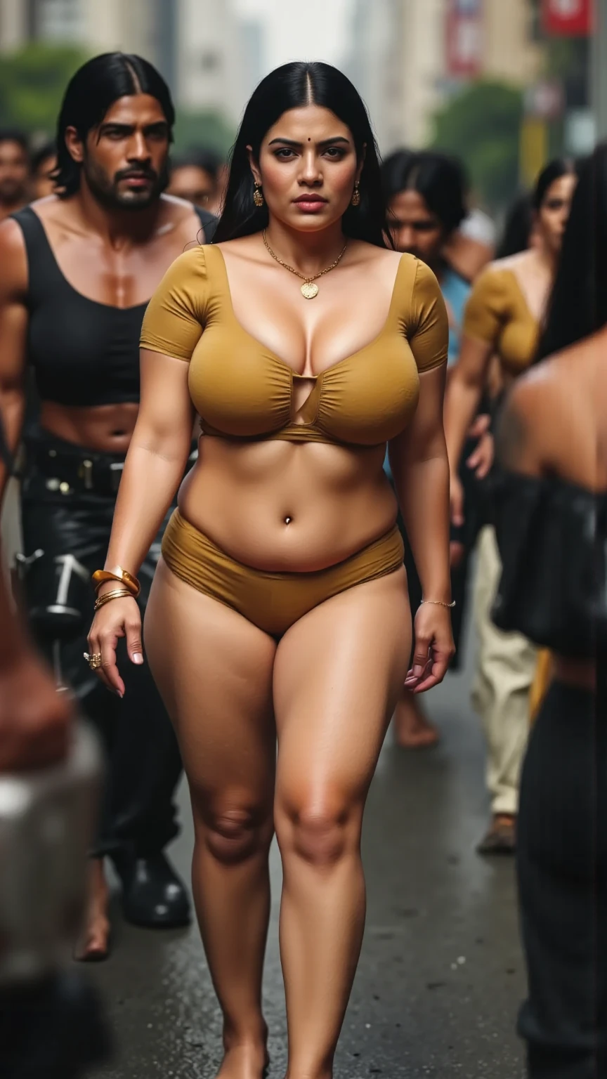An Indian black fat woman walks in a bikini in a fish market and stands with a signboard that says marry me and kiss me