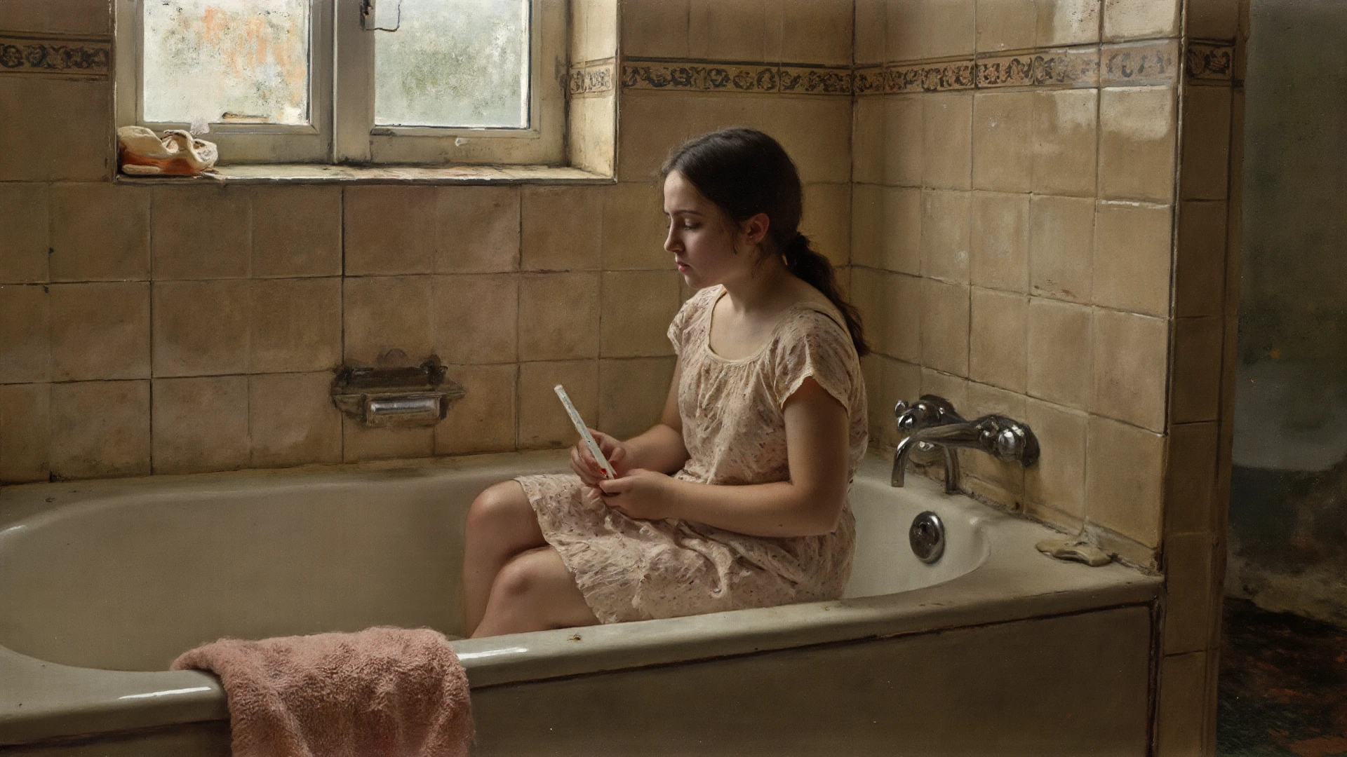 create a animated image of a shy teen boy with a pink slip dress stolen from his sister and being so shy and awkward when someone discovered this secret, his eyes are full of water like he is gonna cry, and he is sitting inside a glass of milk much bigger than him just like a bathtub, but it's made of glass, the dress was stained with milk, so he have already imagined how he would be punished by her sister (the imagined image should be presented in the image using a associative bubble)