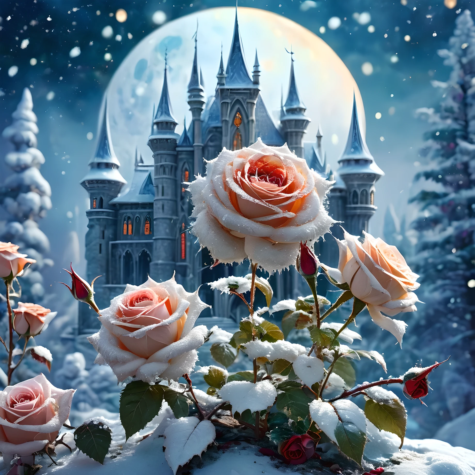 (Absurdres:1.2), exquisitely detailed Winter, vampire ice palace, moon, roses, first snow, white and ivory tetradic colors, glimmer, bokeh, Watercolor, trending on artstation, sharp focus, studio photo, intricate details, highly detailed, by Beeple, illustration, perfect composition