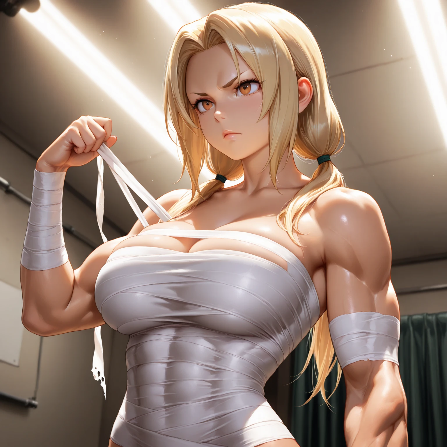 8k high resolution, ultra high quality, detailed face, detailed body, perfect body ,1 girl, blonde long hair, sleeveless shirt, arms up, armpit, sweating, sweaty armpits