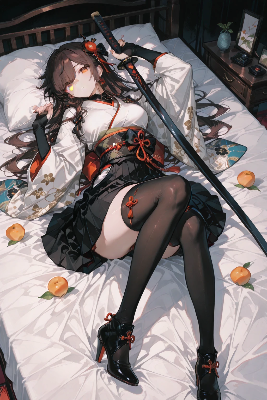 Young woman sleeping, view from above, full body, Japanese ninja costume, tight, high, open shoulders.