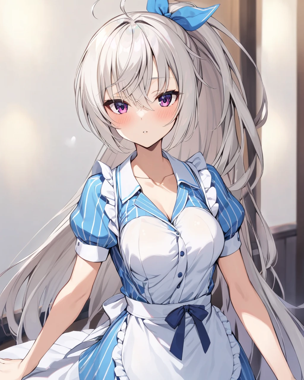 best quality, masterpiece, ultra-detailed, illustration,1girl,solo,<lora:Akizuki Kanna_maid:0.6>,pink eyes,medium breasts, ponytail, ahoge, platinum blonde hair, hair bow, blue hair bow, (half-closed eyes:1.1),
x_clothes,dress, blue_dress, short sleeves, frilled_dress, white_apron, frilled_apron, white thighhighs,
looking at viewer, standing,cowboy shot,arms behind back,bedroom, cowboy shot