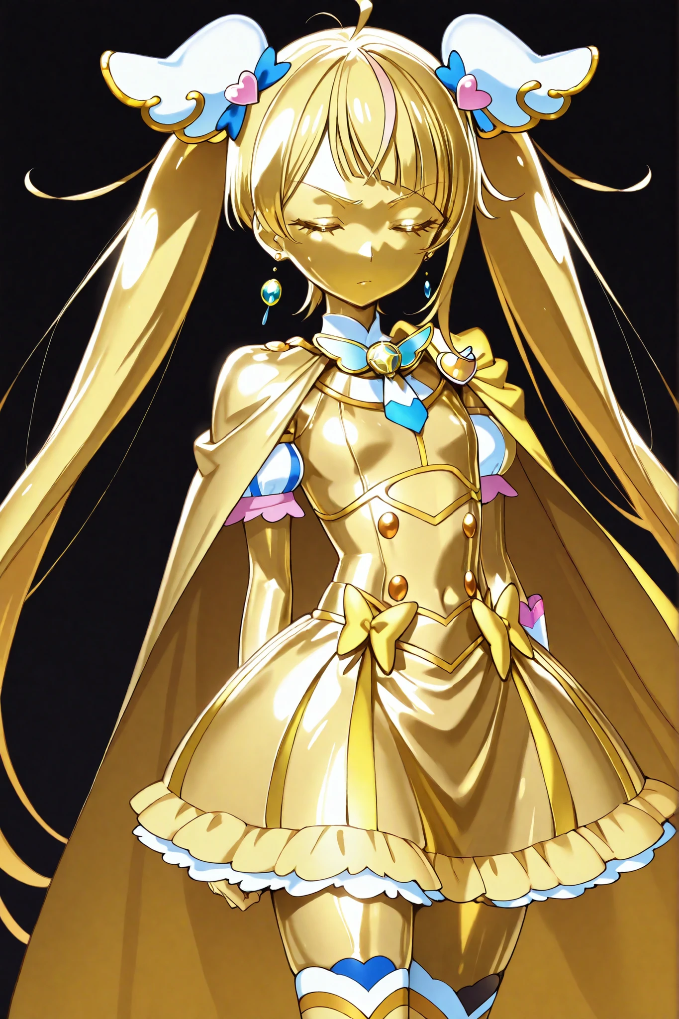 Cure Sky, masterpiece, best quality, Newest, very high resolution, closed eyes, yellow hair,  yellow sclera, closed mouth, No students, Yellow skin, glossy skin,  metal skin, Black eyebrows, Slanted eyebrows, 1girl, solo, cowboy shot with neck tilted diagonally, standing, dynamic on the background, watching viewers, sleeping, Serious Expression, black background, Hands on Her Hips, Gold_butterfly hair ornament, Long Hair, Gold_Knee Socks, 太ももまで長いKnee Socks, Magical Girl, Gold_skirt,  under skirt, hair ornament, Gold_gem, Gold_gloves, Gold_Twin Tails, Gold_ribbon, golden hair ornament, Gold_cloak, metallic outfit