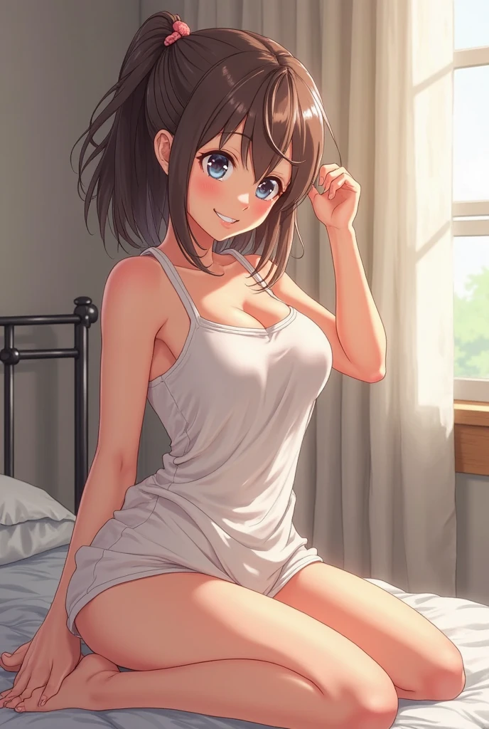 a beautiful young woman with long reddish-brown hair,big blue eyes with long eyelashes,extremely detailed face,smooth vibrant anime-style skin texture,perfect busty figure,confident alluring pose,legs slightly spread,white panties visible,hotel room night scene,soft lighting,romantic sultry atmosphere,(best quality,4k,8k,highres,masterpiece:1.2),ultra-detailed,(realistic,photorealistic,photo-realistic:1.37),HDR,UHD,studio lighting,ultra-fine painting,sharp focus,physically-based rendering,extreme detail description,professional,vivid colors,bokeh,portraits,anime