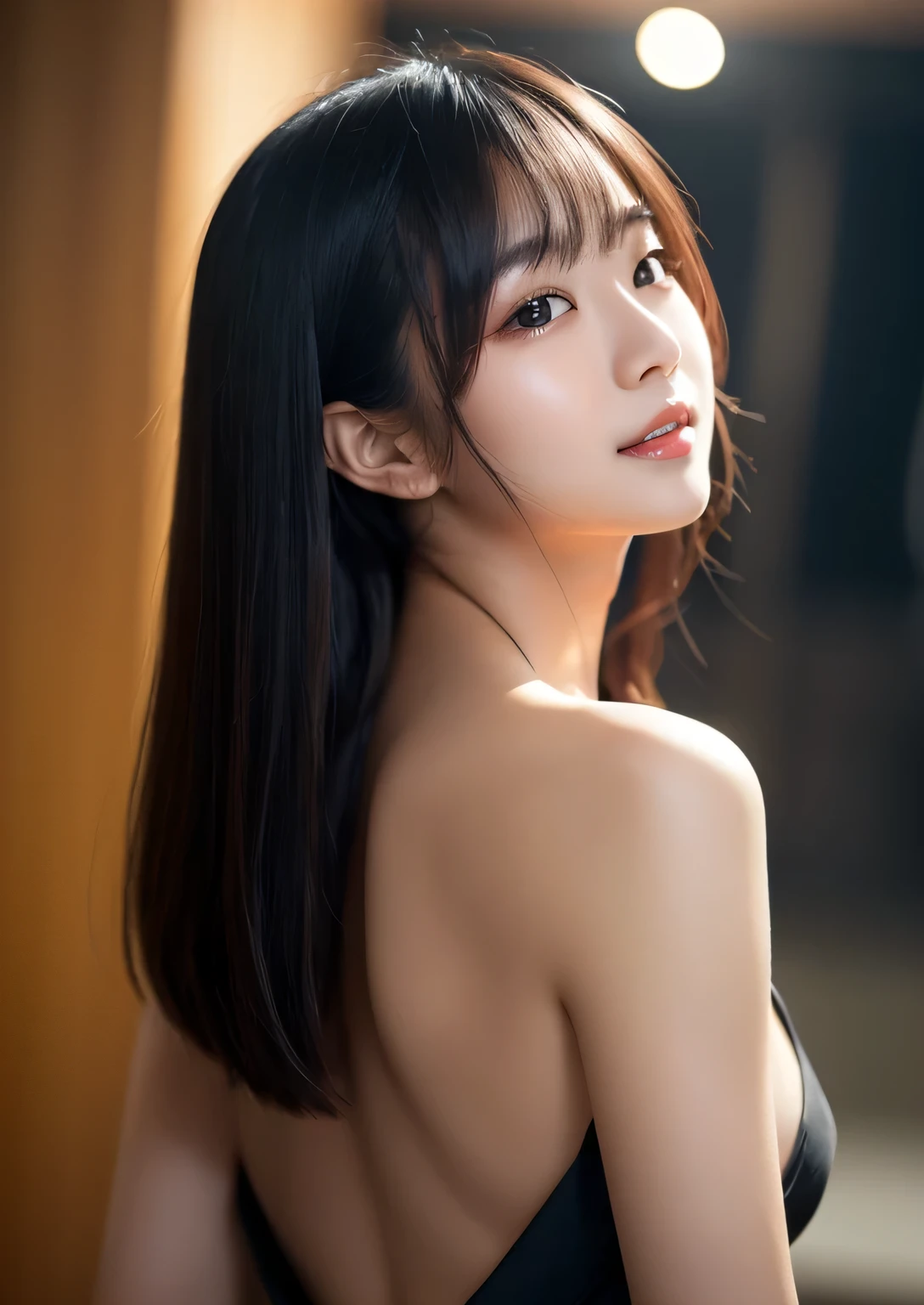 (skin scars:1.2), (skin dents), black eye, 1woman, 12 years old, (((woman))), alone, realistic, highest quality, photorealistic, masterpiece, 8K, High resolution, alone, highly detailed face, (professional lighting, Bokeh), (particles of light, Lens flare, glowing particles:0.6), (dynamic pose:1.2), soft lighting, Angle seen from above, Fashionable and trendy atmosphere, Japan, (street:1), Tokyo, (city), river, ((at night)), null, ((looking at the viewer:1)), (look at the camera),(portrait:0.6), cowboy shot, nice, walk, Maintain original face proportions, wide shoulders, whole body, (Medium chest), (long hair), brown hair, floating hair, lips, lipstick, seductive smile, floating hair, (smile), (Open_mouth), teeth, Eye Ring, ((full nude)), mole, (mole under eye:1),