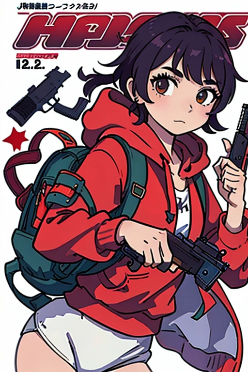 (masterpiece:1.2, best quality), (highly detailed:1.3), (magazine cover), 1girl, 17yo girl, (white panties), (red hoodie), backpack, (holding a gun), wary,