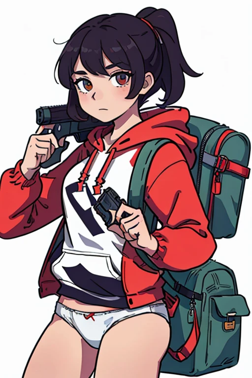 (masterpiece:1.2, best quality), (highly detailed:1.3), (magazine cover), 1girl, 17yo girl, (white panties), (red hoodie), backpack, (holding a gun), wary,