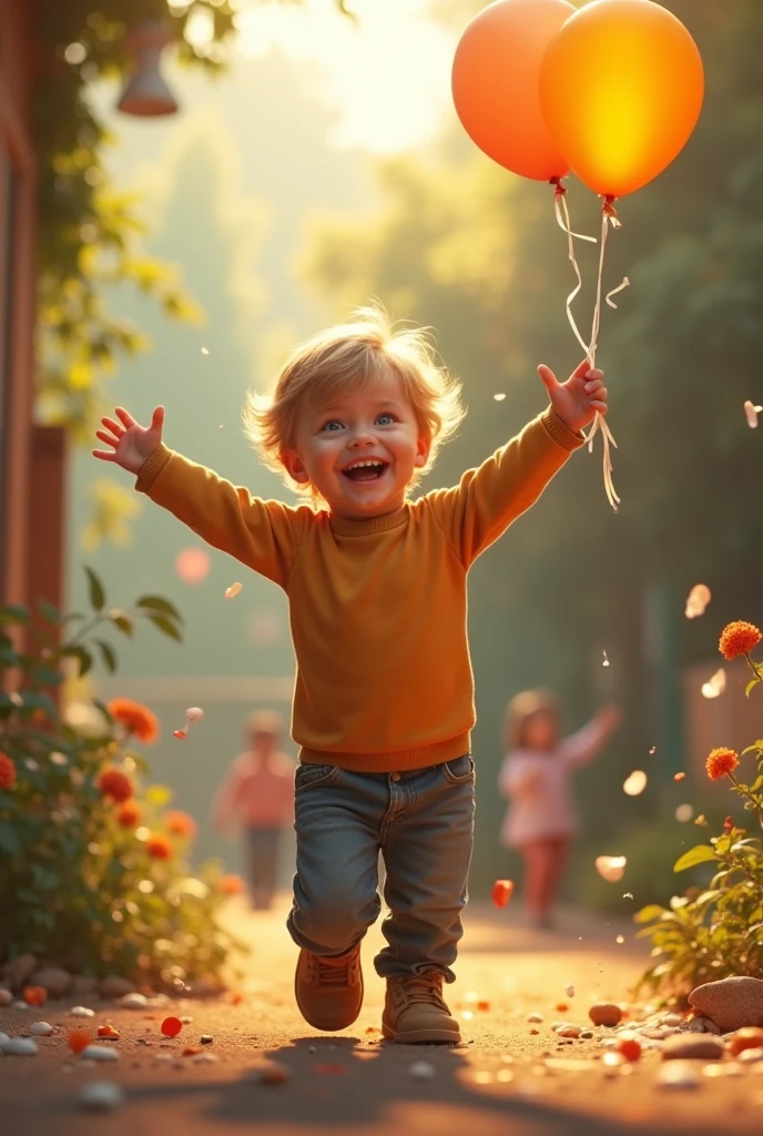 A child holding a balloon that is floating and another on the ground.