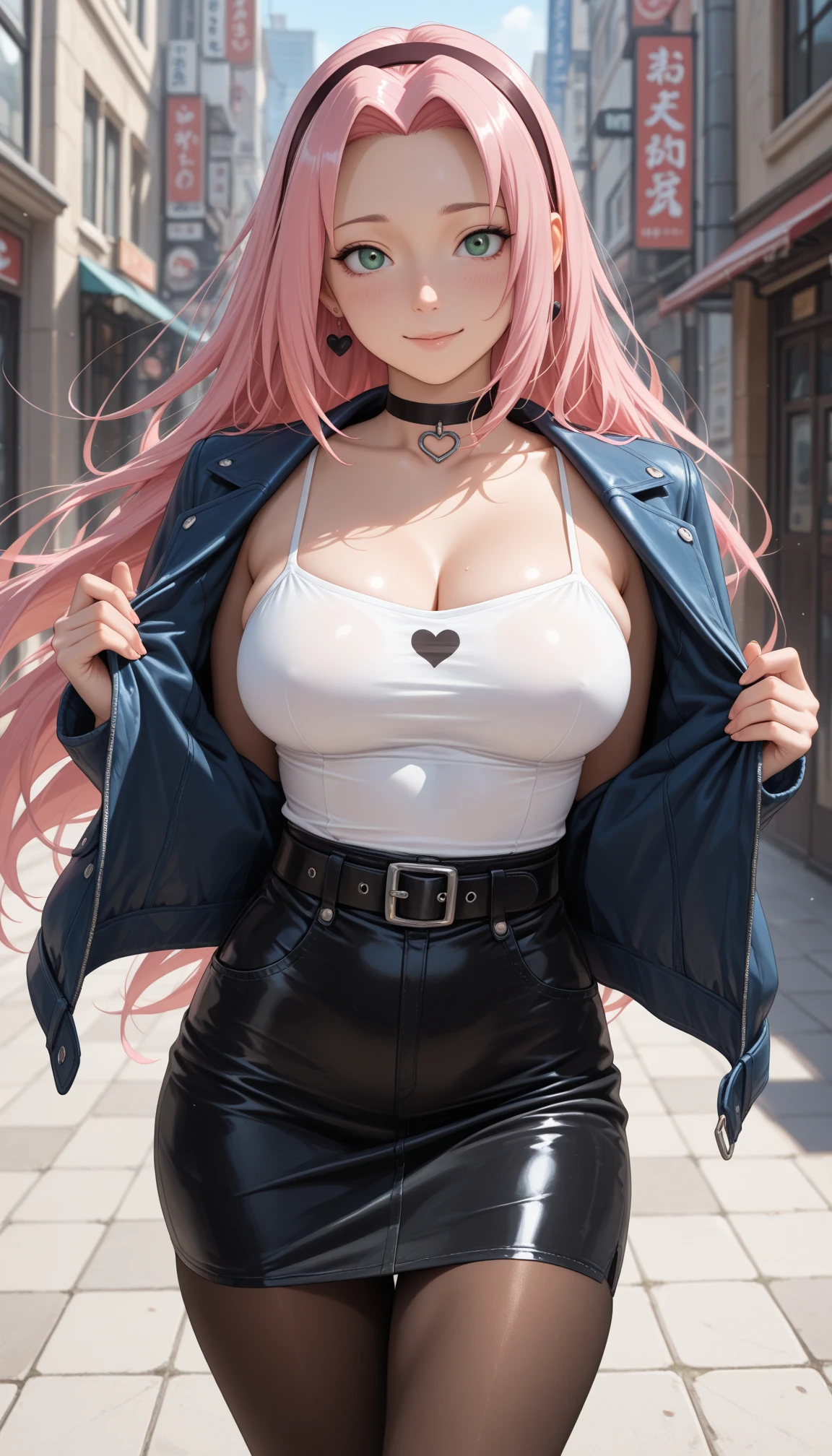 (((of the highest quality: 1.4))),(unparalleled masterpiece ever), (Ultra high definition),(Ultra-realistic 8K CG), offcial art、 (((adult body, accentuated super huge enormously gigantic tits, cleavage showing))), (((1girl in))), ((( very long hair in pigtails ))), Punk girl with a perfect body, school girl uniform school girl skirt and backpack with lots of straps buckles and zippers,Beautiful and well-groomed face,Fancy makeup,Detailed punk fashion,school girl uniform and school girl skirt, (Image from head to thigh),((Platinum white hair )), Harajuku-inspired hooded jacket, Simon Bisley's urban savage style,Detailed street background of school classroom,Clean abs, Complex graphics, dark pink with white stars and gray and white stripeany poisonous tattoos )), piercings,