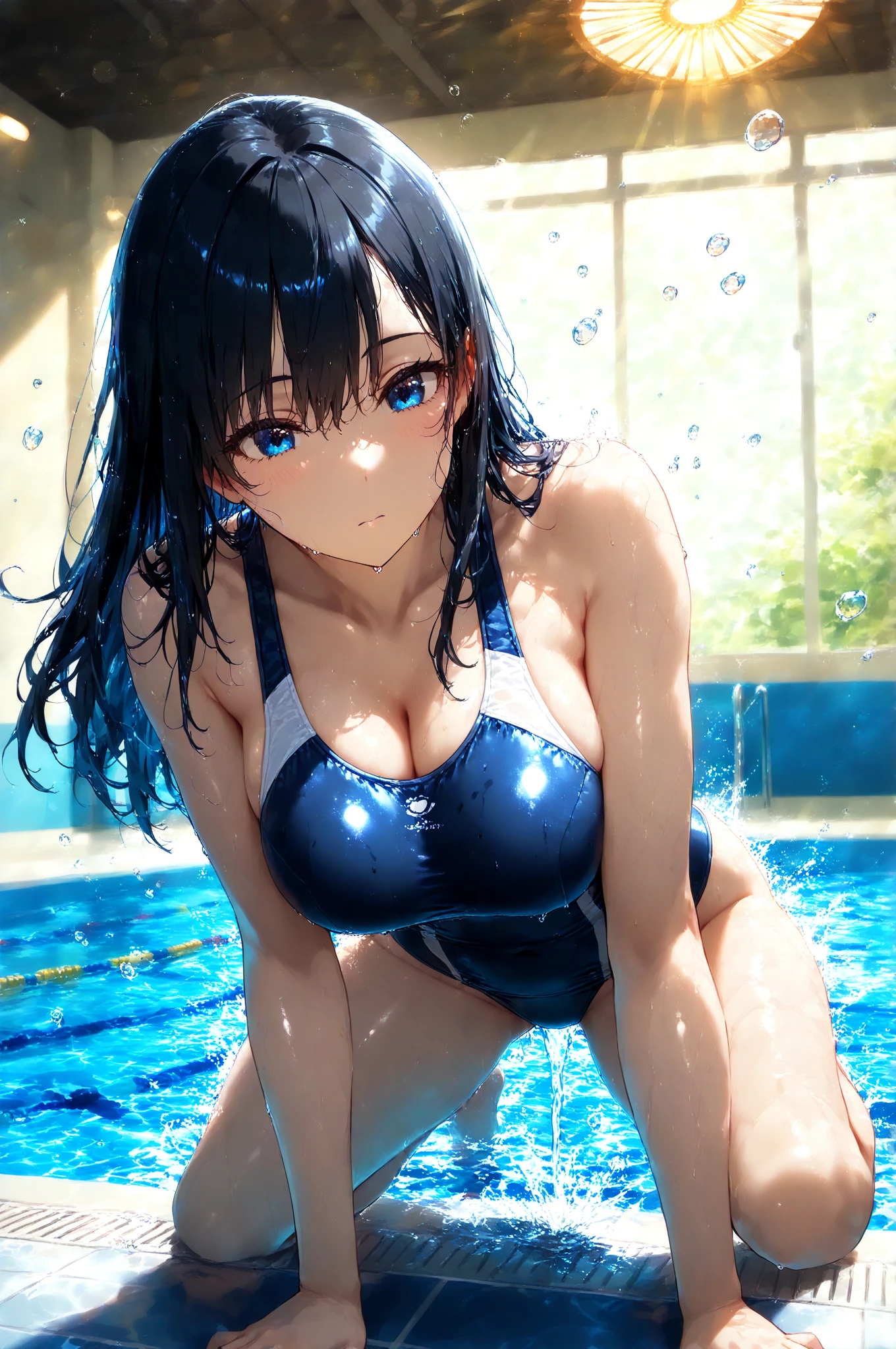 Red cheeks、15 year old girl((((Angle of kneeling backwards, ))))独奏,( (((Breasts enlarged))))、A slight smil、((( Cleavage emphasis)))、(wearing a blue and yellow swimsuit、)Versatile poses、((hair bunches))、A masterpiece with sexy wet hair, top-quality, realisitic, ultra-detailliert, (shinny skin, Sweating: 1.4), looking at viewert, short dark hair, Brown-eyed, slender, dynamic light and shadow, hight resolution, foco nítido, depth of fields, Narrow-eyed, Sharp pupils, Realistic pupils, (breasts are small: 1.6), (Thigh thickness: 1.0), Indoor pool