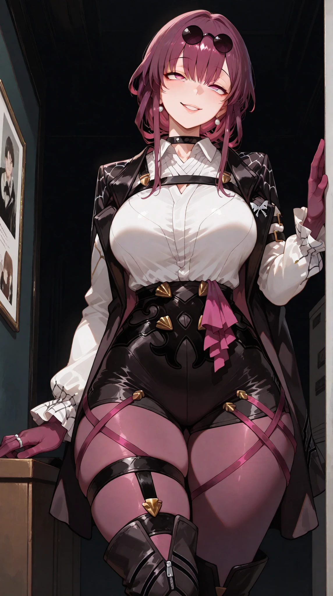 Masterpiece, top quality, highly detailed, Beautiful mature girl wearing black frame glasses, long pink  hair ponytail with bangs,Black  uniform with red trim, red tie and thigh-high black stockings