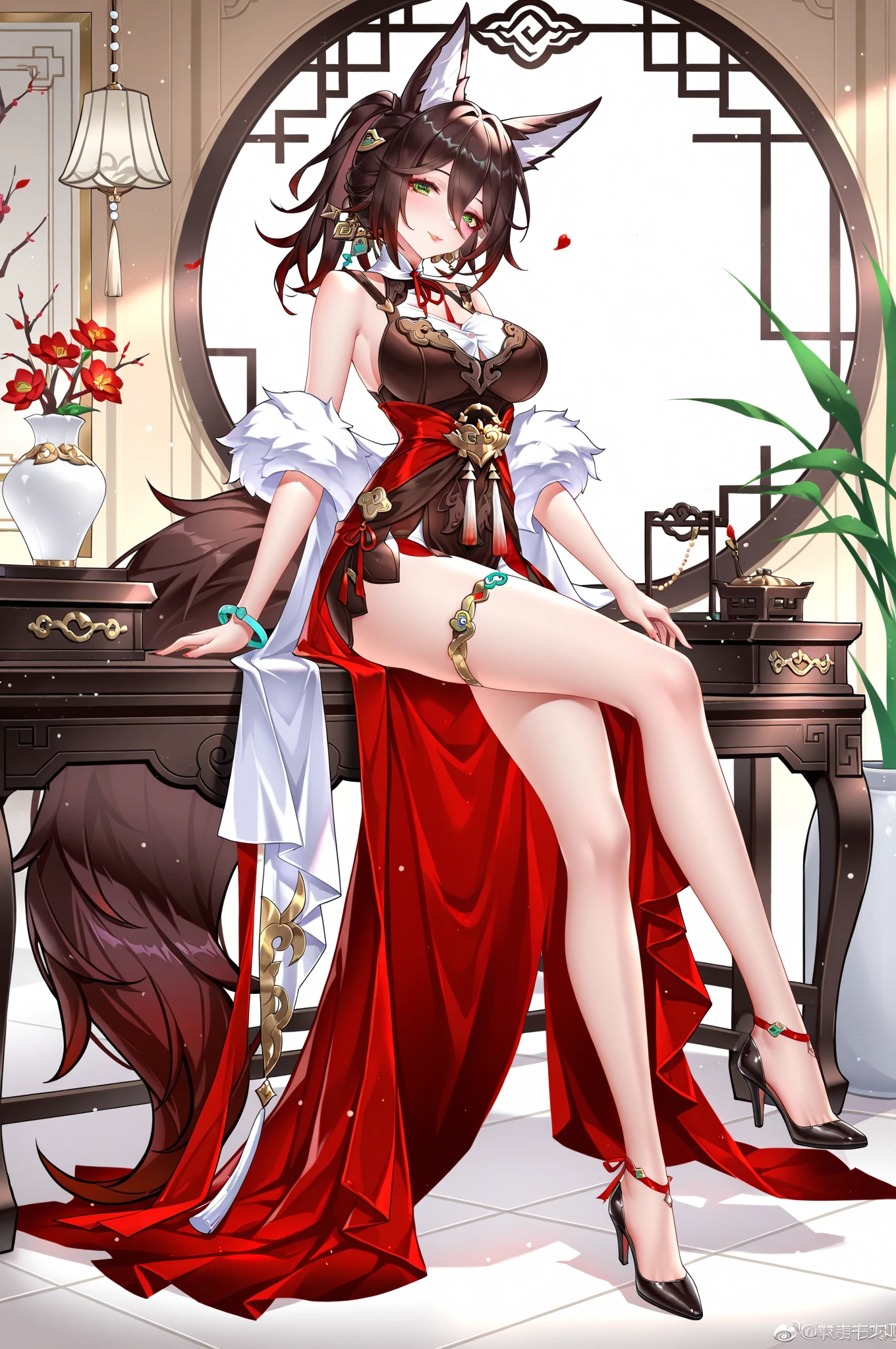 nsfw:1.5,masterpiece, best quality, high quality, High definition, High quality texture, High quality shadow, high detail, beautiful detailed, finely detailed, extremely detailed cg, detailed texture, a realistic representation of the face, realistic, colorful, delicate, Cinematic Light, sidelighting, Lens Flare, Ray tracing, sharp focus, (1girl, __focus__:1.5), (intricate details, makeup, PureErosFace_V1:0.5), (detailed beautiful delicate face, detailed beautiful delicate eyes, a face of perfect proportion, high detailed skin, detailed skin, best ratio four finger and one thumb, arms under breast, medium large breasts, wide hips, smooth midriff, skiny and thin, __fashion__, __hair__:1.3),, 2 woman, sky background, (backlight:1.2), (natural sunlight from back:1.4), castle windows, cat ears, fluffy fox tails, brown hair, red accent, Gorgeous Chinese Model, Chinese Costume, red chinesse dresses, red - brown costume, hair ornament,