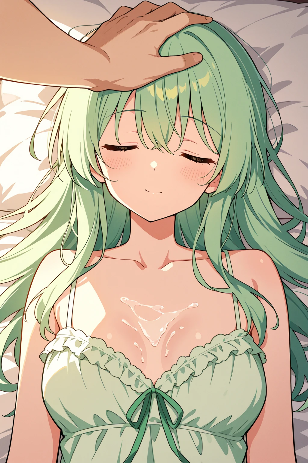 (pov sex style) (naked beautiful body) (Insert big penis to own cunt), (solo:2, 15 yo, green hair long hair cute girl, ecstasy closed eyes, ecstasy:1.4 smile, love mode, medium tits), in the love bedroom, background love, BREAK, cum:1.5, perfect anatomy, masterpiece, best quality, 16k, beautiful detailed love, sexy, daydreaming expression