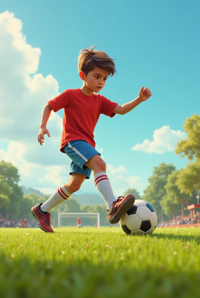 A boy shot a football in goal post




