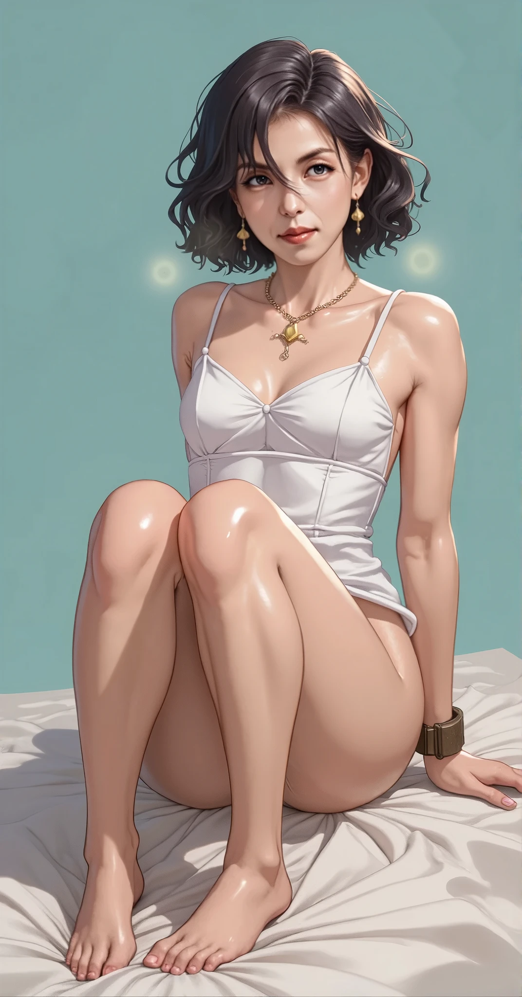 (Ultra-Realistic Images) (Realistic Anatomy 1.4) (Photo Quality 1.5), (short hair), Wavy (Black Hair) and (Young woman with bangs). she has (Fair skin) bright (Brown eyes) and (Visible freckles). Wearing a one-piece dress, Gives off a slightly fiery look, (Large Breasts)、Japanese、40s