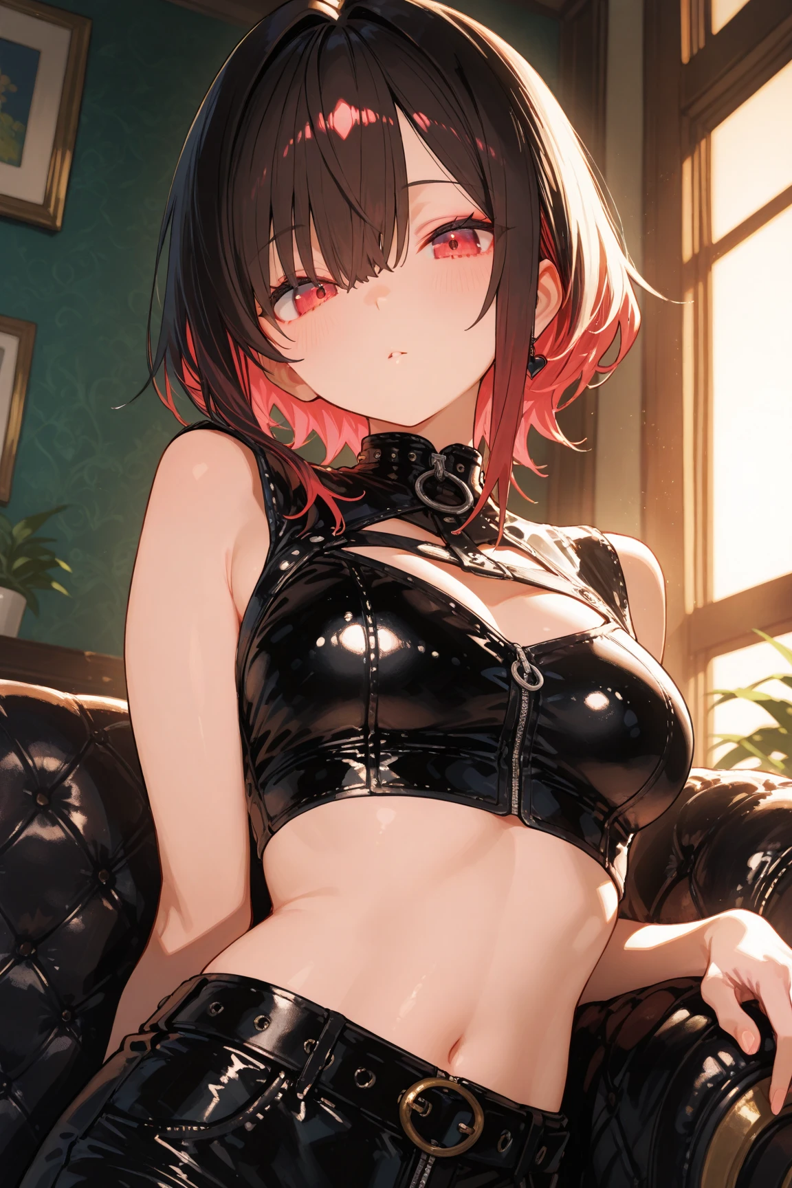 <lora:PastelGothAI:0.8>, PastelGothAI, elf, pointy ears, black hair with red highlights