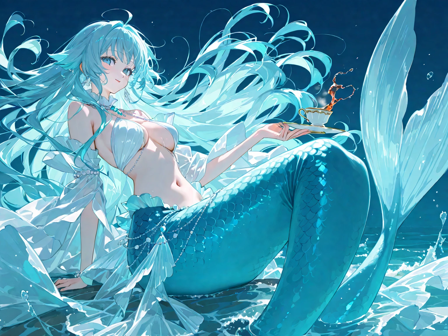 (mature:1.8)1girl, blue hair, lying in the bottom of the ocean, full body, surrounded with fish