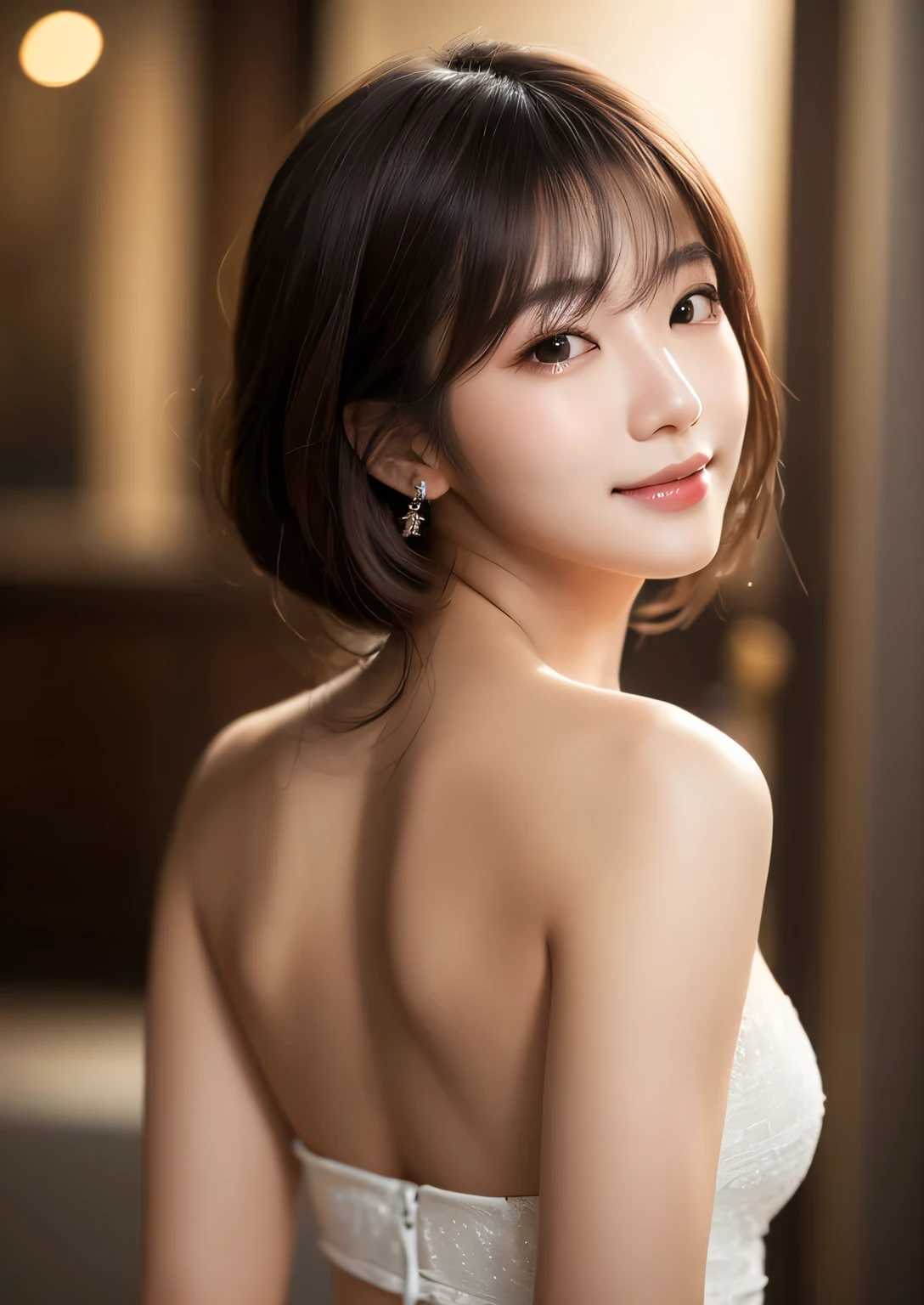 (highest quality、8K、16k、masterpiece、realistic、Super detailed、Beautiful in every detail、ray tracing)、photograph、
at the hotel、Other shots、
beautiful asian woman、japanese woman、25 year old female model、全身のphotograph、((((chic party dresses、Facing straight behind you))))、(beautiful eyelids)、(((Beautiful back view)))、((((buckshot))))、
(detailed face、golden ratio of beauty)、gentle smile、detailed lips、fine eyes、brown hair、((medium bob hair))、my dol style super cute face、Slim and beautiful body lines、Glossy skin、beautiful legs