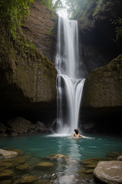 there is a woman in a bikini standing in front of a waterfall, Bathing in the waterfall, standing in a waterfall, in a waterfall stehen, play in waterfalls, under a waterfall, in a cave with waterfall, Under waterfall, standing in front of a waterfall, in a waterfall, with a waterfall, with waterfalls, next to a waterfall, Loneliness under a waterfall