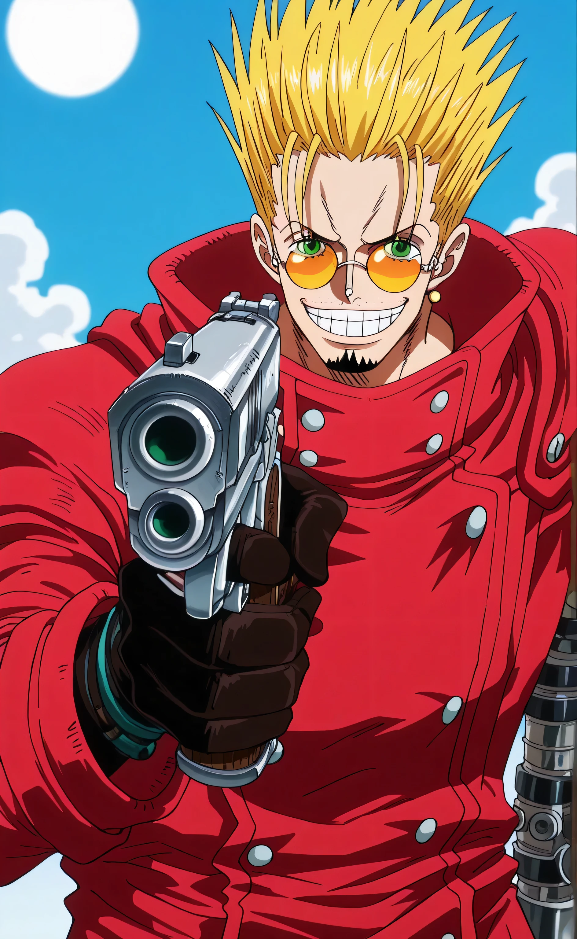1male,solo,Vash the Stampede Trigun,blond hair,short hair,spiked hair,green eyes,evil grin,,goatee,sun glasses,red coat,big muscle,silver pistol,Hand Pointing A Gun Meme ,disert,One Piece (Egghead) Style