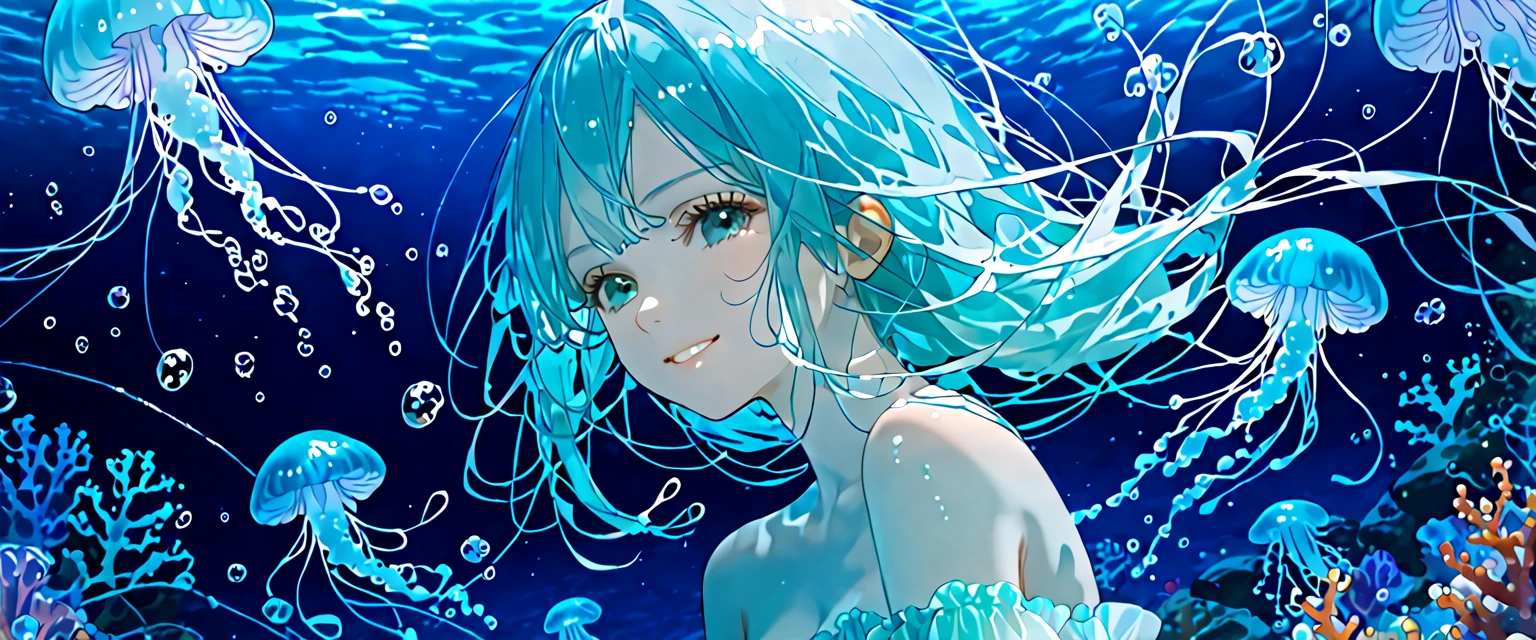 masterpiece, best quality,
1girl, (smile:1.3), from behind, air bubble, bangs, black hair, blue eyes, blue hair, bubble, fish, looking at viewer, multicolored hair, ocean, partially underwater shot, long hair, solo, submerged, underwater, water, water drop