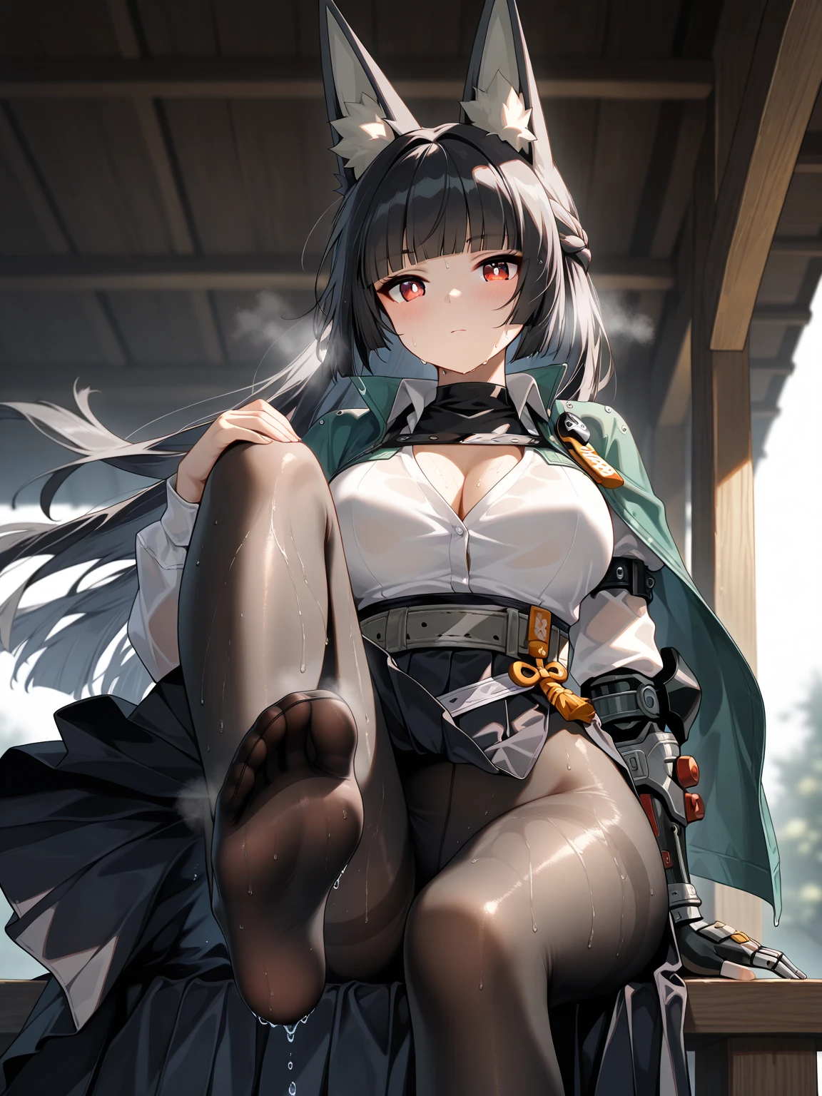 arknights_honeyberry,swimsuit,yellow eyes, grey hair,multicolored hair,twintails,black thighhighs,sitting, outdoors,beach