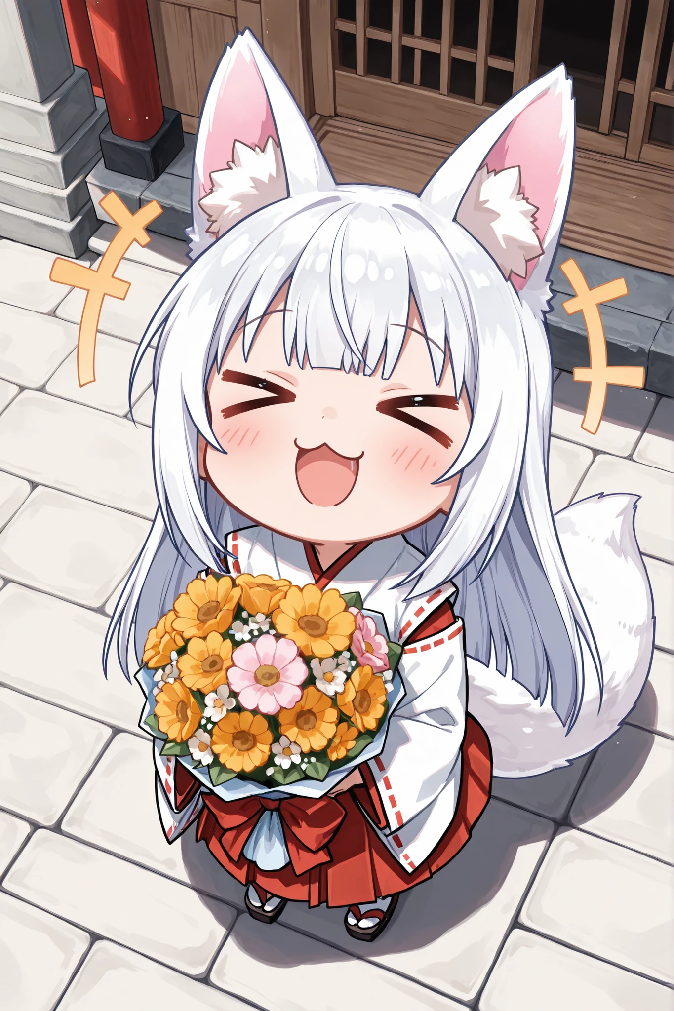 ((Masterpiece)),((best quality)),((incredibly absurdres)),((8K)),(anime style),
(1 chibi girl),((Deformed chibi)),solo,white hair,long hair,straight hair,baby face,cute,kawaii,BREAK (white fox tail),(white fox ears),white ear hair,pink inner ear,
(miko),a chibi girl wearing a Maiden miko outfit,wide sleeves,
(:3),(>_<:1.2),laughing,open mouth-wide,facing up,
(holding a white large bouquet),
shrine background,
full body,from front,from above,portrait,close-up,