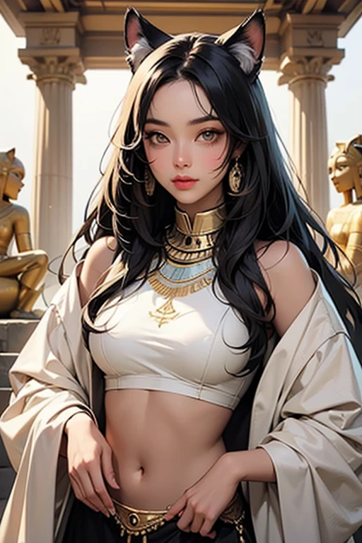 , queen of Egypt, brown eyes, she is beautiful, she has large , Egyptian accessories on her face, white skin, rosy nose, short, black hair, hand on her mouth, she looks , desutores, perfect smile, she has a dark look, sun shining, tattoo with bangs on her face, strands of hair blowing in the wind
