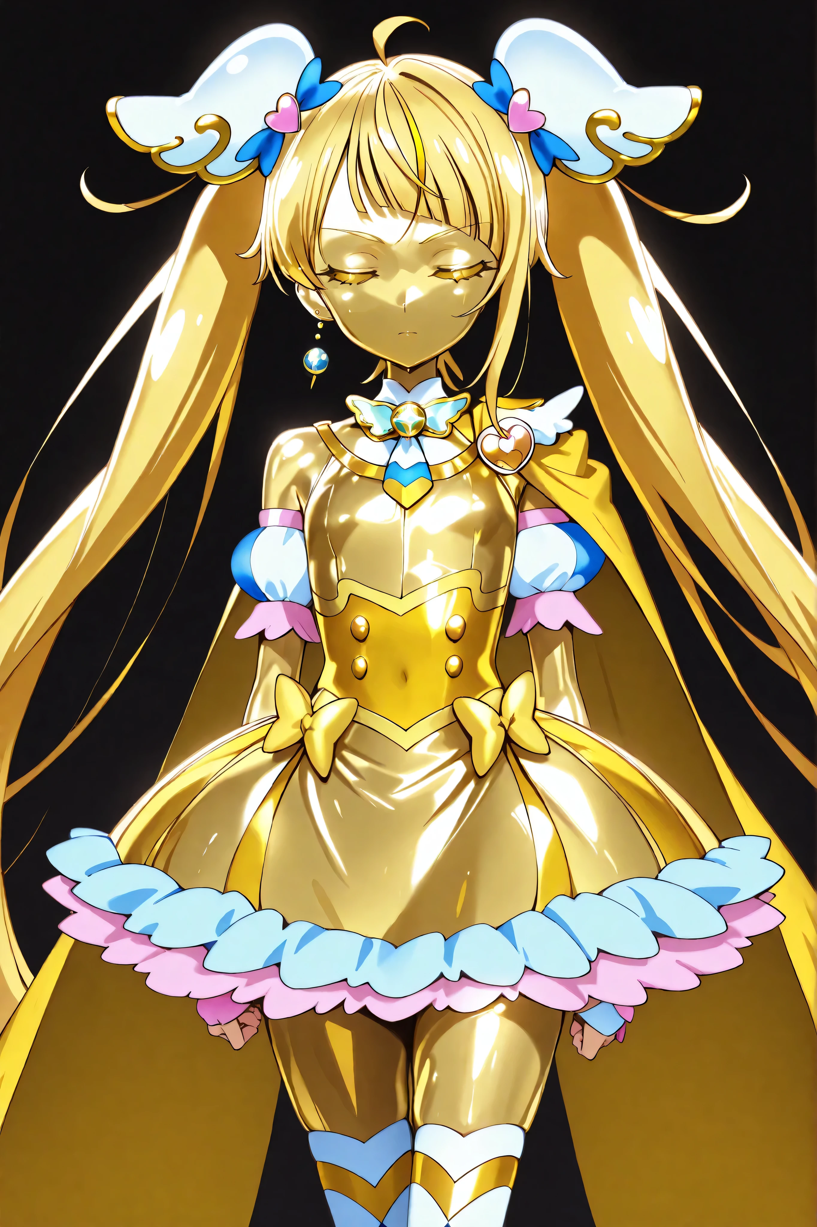 Cure Sky, masterpiece, best quality, Newest, very high resolution, closed eyes, yellow hair, yellow sclera, closed mouth, No students, Yellow skin, glossy skin, metal skin, Black eyebrows, Slanted eyebrows, 1girl, solo, cowboy shot with neck tilted diagonally, standing, dynamic on the background, watching viewers, sleeping, Serious Expression, black background, Hands on Her Hips, Gold_butterfly hair ornament, Long Hair, Gold_Knee Socks, 太ももまで長いKnee Socks, Magical Girl, Gold_skirt, under skirt, hair ornament, Gold_gem, Gold_gloves, Gold_Twin Tails, Gold_ribbon, golden hair ornament, Gold_cloak, metallic outfit