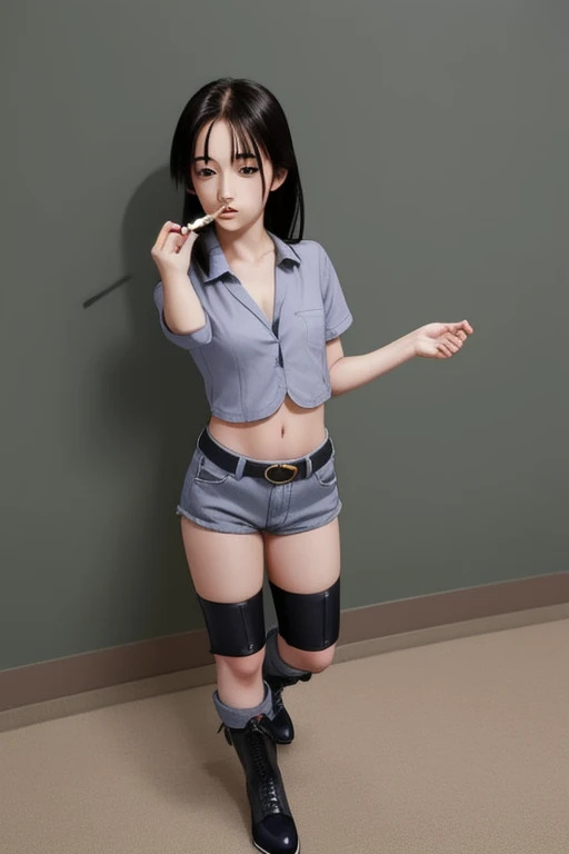 , girl, Ray tracing, 3D-стиль, 3DMM, whole body,(Front left view), Cute short girl, round face, Large sparkling dark brown eyes, long eyelashes, Glasses, languid look, parted sensual lips, Mysterious Half-Smile , tanned skin, short torso, Plump, rounded hips, Long brown tousled slightly wavy hair, Fluttering in the wind, White loose-fitting shirt with unbuttoned top button, Leather Mini Shorts, tight-fitting, firm buttocks, Soldier's Belt, chunky hiking boots, Fingerless leather gloves,(Spicy Small Breasts), Slightly curving, Put your hands on your knees, visible from behind, looking over your shoulder, simple background, Ideal Anatomy, High quality textures, very detailed, realistic textures, Anatomical Realism of the Skin, Realistic eyes.