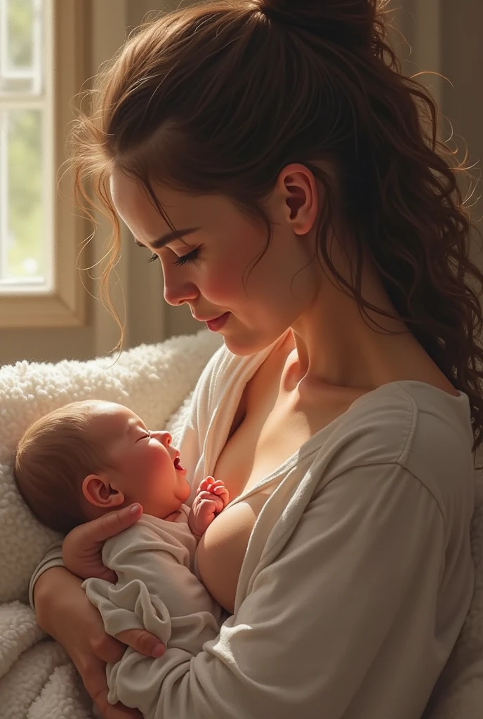 A woman is breastfeeding her child
