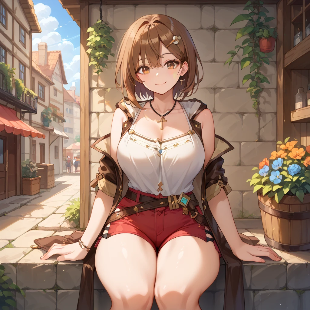 masterpiece,hentai anime character, I'm straddling a man's crotch, Ryza having intense cowgirl sex, (((Aggressive vaginal sex: 1.2))), favorite,Bounce and shake wildly,, 32K,Super detailed,Ultra-detailed,Big Breasts, Vibrant breasts, Short brown hair, shirt, Shorts, Red shorts, White Beret, Black knee socks, Ryza outfit, loungewear, {{A biological weapon that preyed on the sleeping Ryza and transformed into her appearance, Big  bouncing}}, Shake violently, Overall view, Town, NSFW