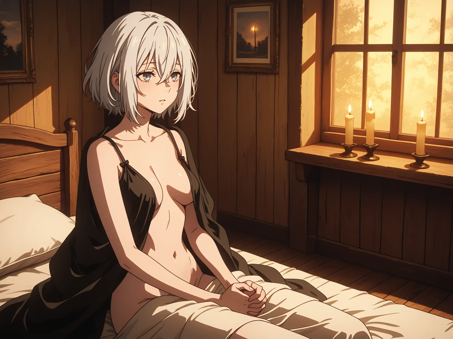 1girl,big breasts,hotel room,(8k),scratches,detailed face,white hair,red eyes,medium hair,embarassed,shy,small smile,high_res, high_definition,sexy pose,micro bikini,full body,nude breasts,nipples,