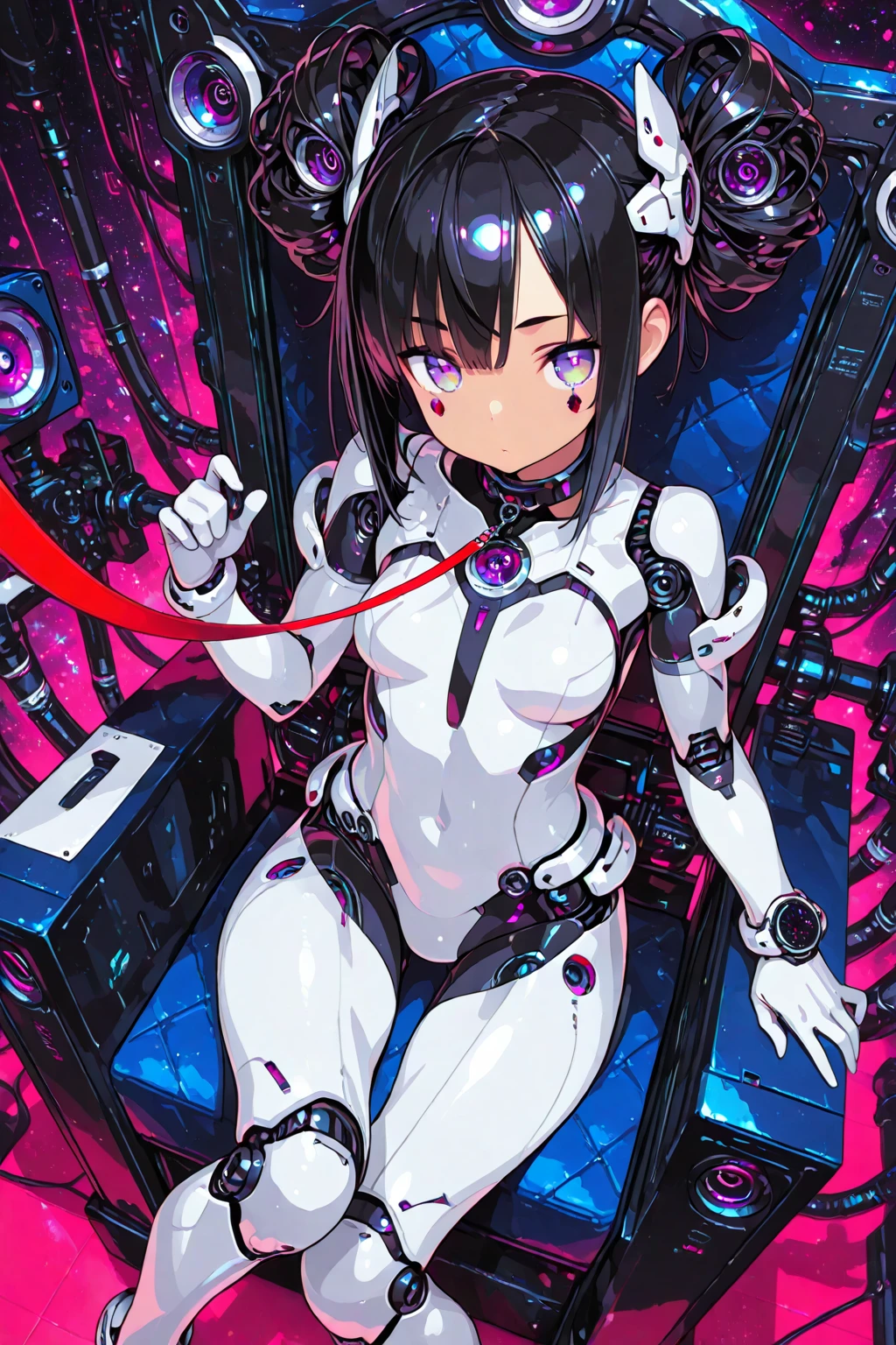 (masterpiece, best quality:1.3) (nsfw5) (((1boy))), (((anime boy))), 20 years old, muscular body, black hair, black latex plugsuit, black latex, skintight no zipper neck entry black latex plugsuit, fullbody black latex plugsuit, cat ears, cyborg eyes, latex, cyberpunk, round cyberpunk chamber, red lightning, (brainwashing), flat ??????, restrained, (heads-up display), wearing black lipstick, (((cables plugged into cat ears3))), (((assembly line arms5))), charging station, cables plugged into spine, aquamarine plugsuit lightning, aesthetic, detailed, open lips, blush, open lips, moan, Slobber, traces of saliva, Endure the face, padlock hologram on crotch