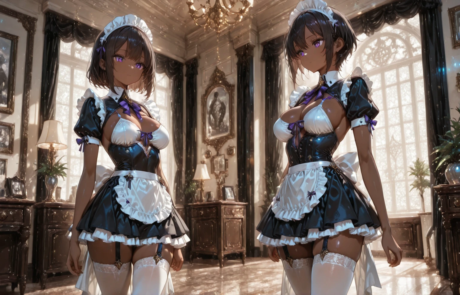 Two cute girls, battle scene, semi-nude, pretty eyes, cool expression, short hair, full body shot, portrait quality, 8K resolution, rich details, small round face, maid outfit, hand cupping face, rose hair accessory, fair skin, large sword in hand, mood lighting, aperture f/1.2