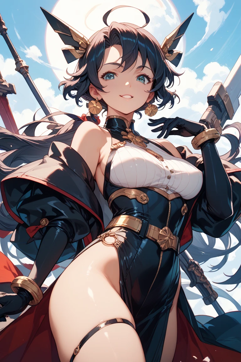 yor briar(spy family), anime style beutiful woman, 1girl, happy, smile, red face, closed mouth, beautiful detailed eyes, super detailed skin, backlighting, bare shoulders, black background, black dress, black gloves, black hair, breasts, dress, earrings, fingerless gloves, floating hair, floral print, flower, gloves, gold earrings, gold hairband, hair flower, hair ornament, hairband, holding, holding weapon, jewelry, large breasts, long hair, looking at viewer, off-shoulder dress, off shoulder,red eyes, short hair with long locks, sidelocks, solo, spikes, thighs, two-sided dress, two-sided fabric, weapon, fighting stance , face, close up, from above, highest quality, high resolution.