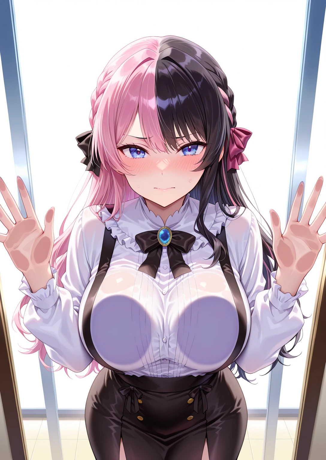 (nsfw:1.5)(masterpiece:1.4)、(Highest quality:1.4)1woman,(Loli face:1.1)、(Full Body Focus)、((Highest quality))、(masterpiece)、(Realistic Shadows)、(Depth of written boundary)、(Intricate details:1.4)Ahegao、Small body(On all fours:1.1)、1A man is inserting his penis from behind( (Bouncing breasts、Chest not aligned,Motion Lineotion Blur、trembling:1.2),(Scream:1.2)Tears in my eyes(Flat color: 1.0) That's it That's that That's that That's that That's that That's that That's that That's that (Black: 1.35) Part the pink two-tone hair vertically in the middle and tie a ribbon on the side: 1.3 ) (Black Half and Half (Black: 1.35) and Pink Hair Parted Vertically in the Center: 1.3) ((:1.35) and Pink Ombre Hair Parted Vertically in the Center: 1.3) (Black Mini Skirt: 1.2 ) (Ribbon/Solid hairstyle: 1.0) (Hair with side ribbons tied in a bow: 1.0) (Beautiful and delicate shiny purple drooping eyes: 1.0) (Drooping eyes with a hood: 1.0) (In the center of the chest White top with a big bow: 1.2 ) (White blouse: 1.2) (White shirt: 1.2) (Smile)