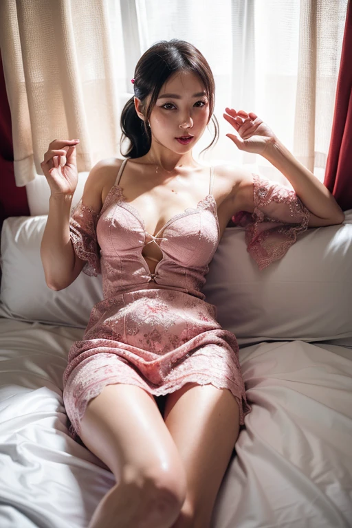 An Asian beauty with long black hair, wearing a pink off-the-shoulder dress, sat in her dorm room