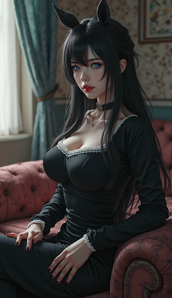 Gorgeous goth girl, 30 yo, long straight black hair, green eyes, elegant clothes, pale skin, resting on a couch, night time, luxurious bedroom, bookshelves